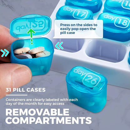 31-Day Pill Organizer 💊 – Easy-Open Removable Pods with Travel Case