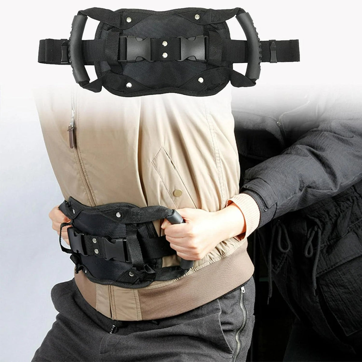 🌟✨ Motorcycle Passenger Safety Belt with Grab Handle, Adjustable Rear Seat Grip Strap, PP Board Reinforced Breathable Mesh, Universal Fit for Motorbike Scooter E-bike ATV Riding