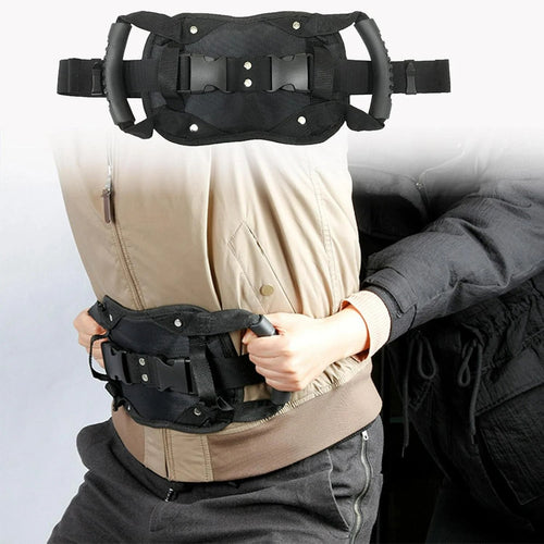 🌟✨ Motorcycle Passenger Safety Belt with Grab Handle, Adjustable Rear Seat Grip Strap, PP Board Reinforced Breathable Mesh, Universal Fit for Motorbike Scooter E-bike ATV Riding