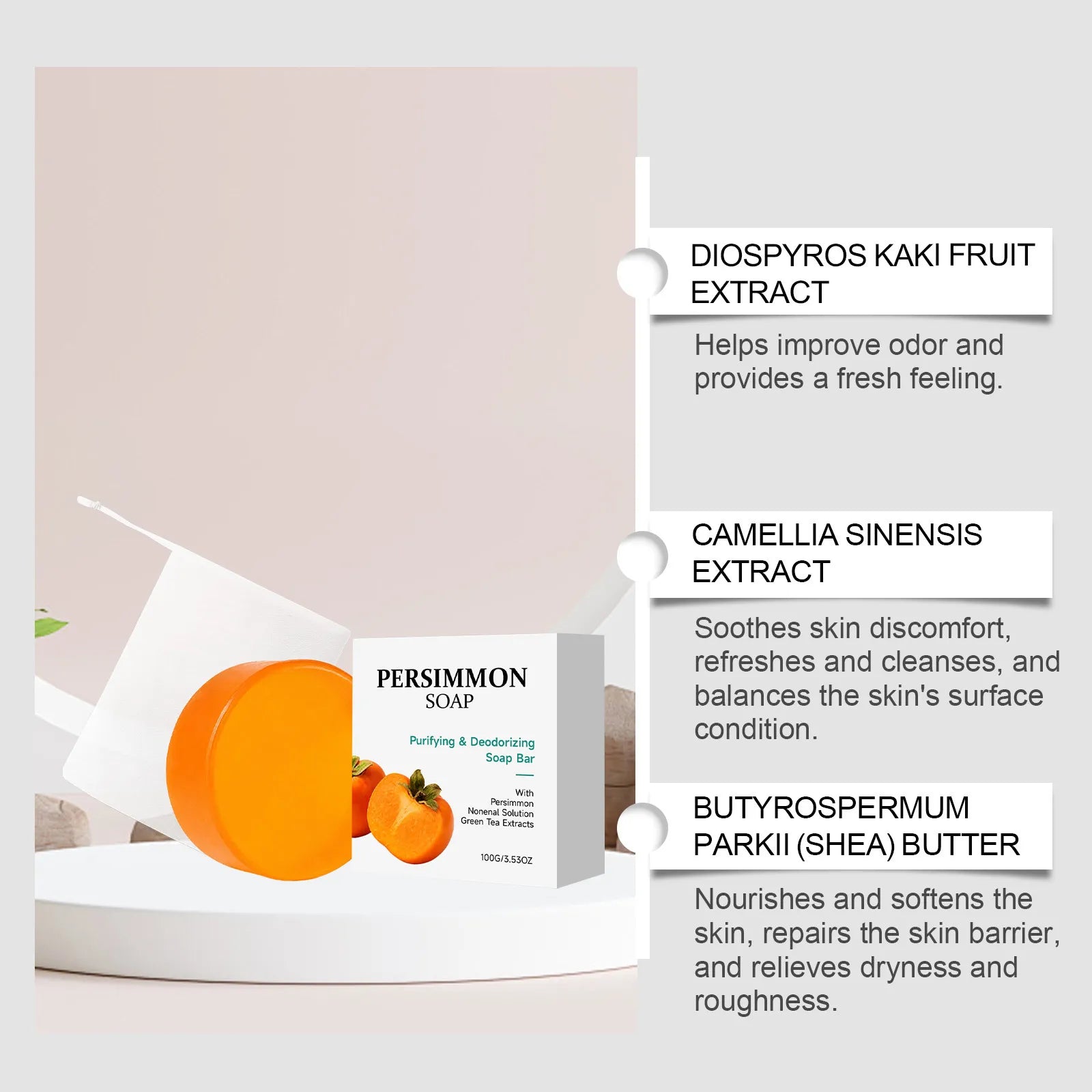 🍊Persimmon Cleansing Soap✨Gentle Foaming Moisturizing Bar For Daily Body Skin Refreshing Odor Care