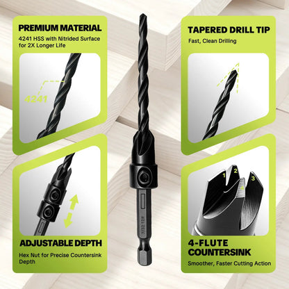15-Piece Countersink Drill Set 🛠️ – 1/4" Hex Shank with Depth Stops