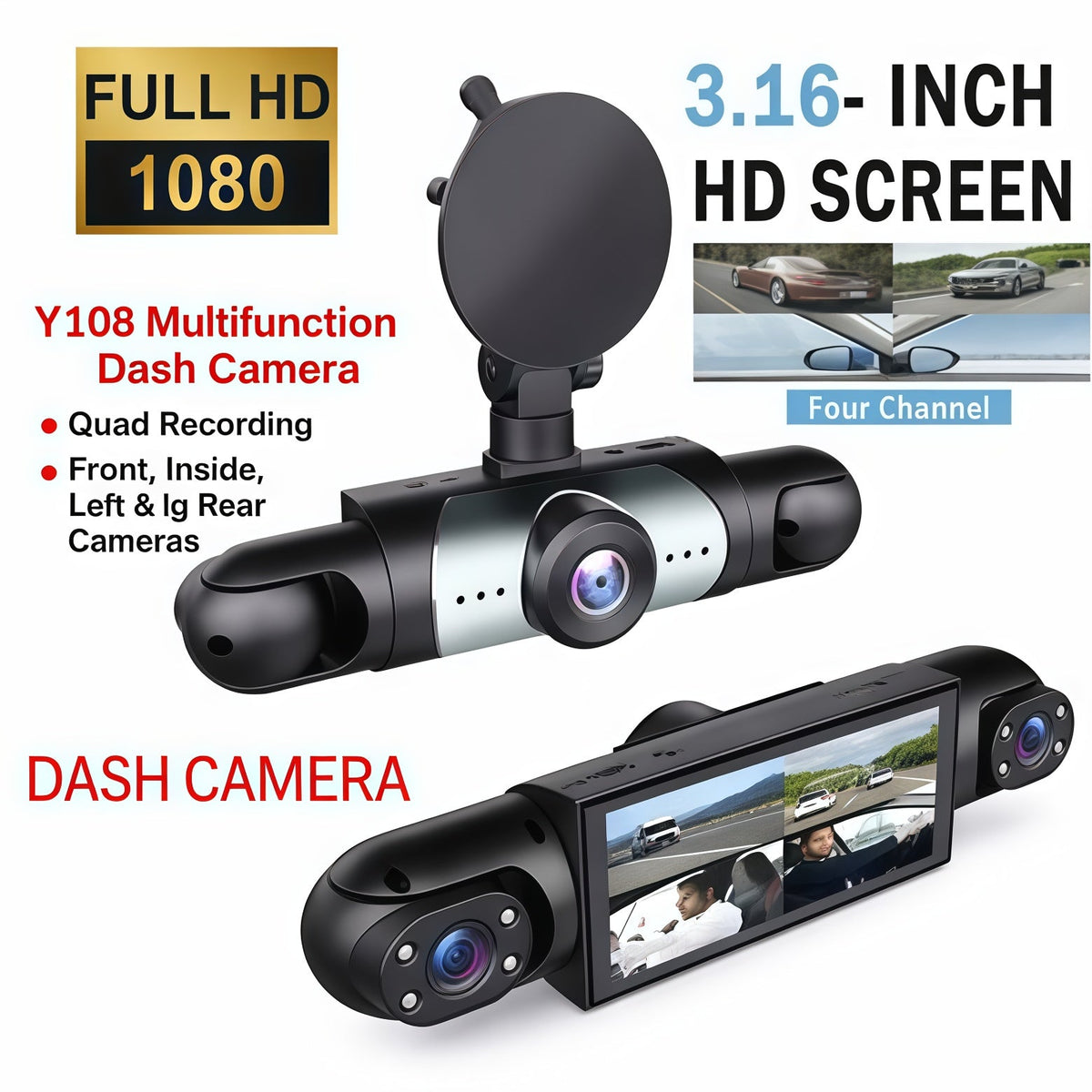 🚗 4-Camera Dash Cam System –📹 1080P Multi-Angle Driving Recorder