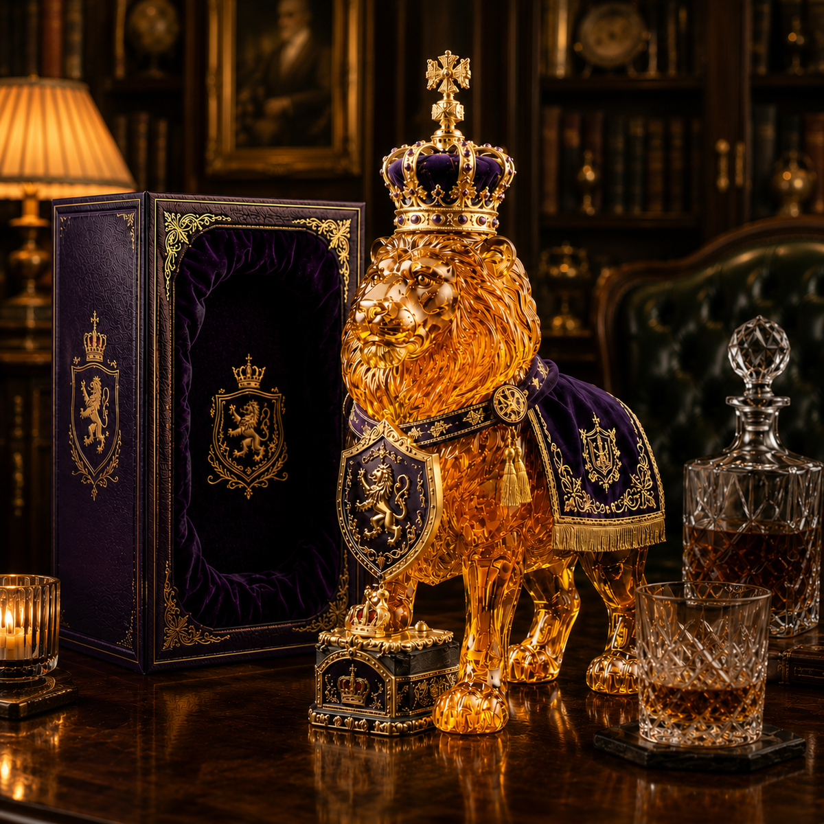 👑🦁 3D Royal Lion Glass Art Cup | Luxury Raised Whiskey Glass with Crowned Lion Design, Collectible Barware & Gift for Whiskey Lovers