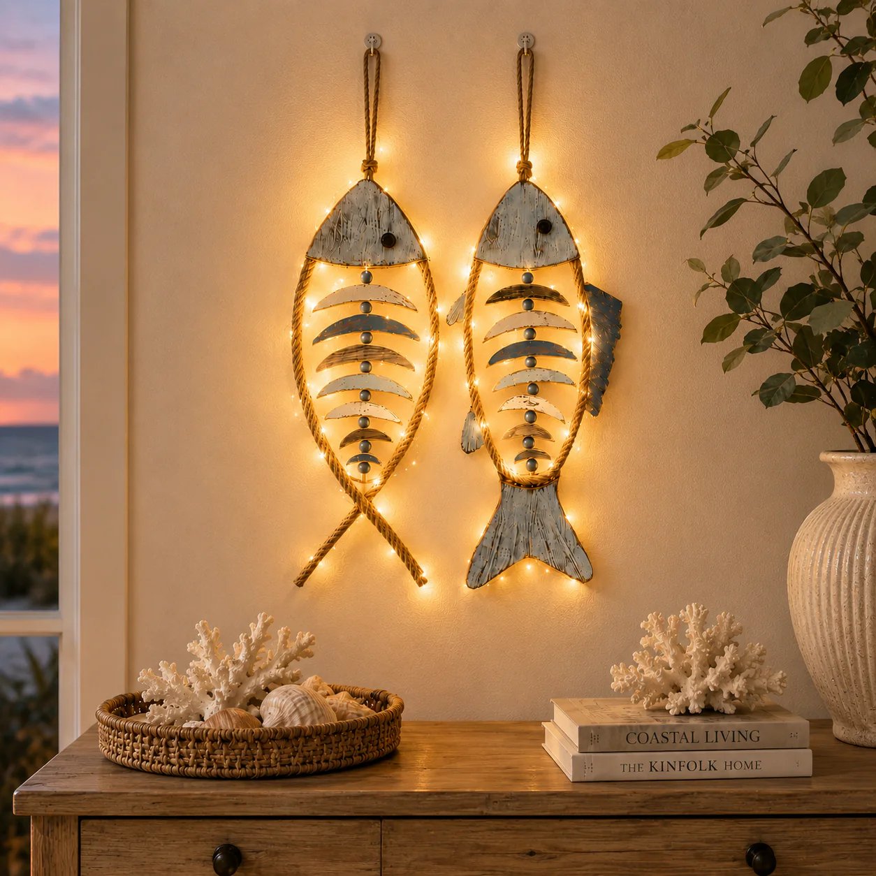 🐟✨ Lighted Coastal Rope Fish Wall Hanging