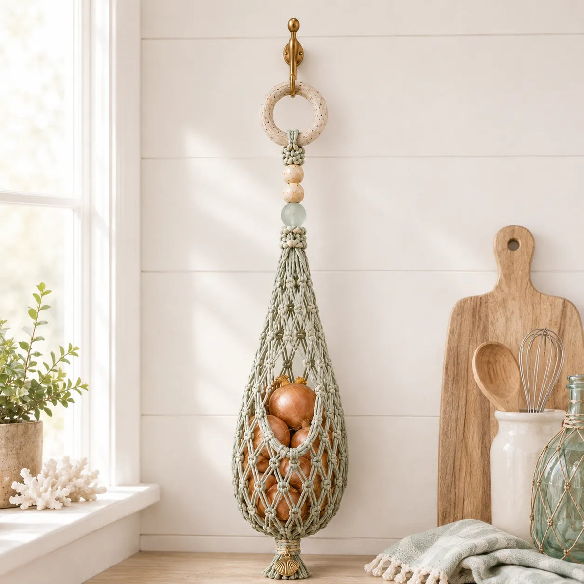 🌊 Coastal Hanging Produce Storage – Handwoven Breathable Organizer with Easy Side Access