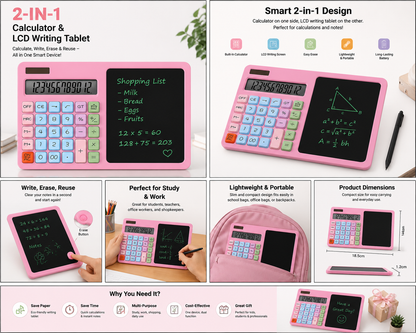 🧮 2-in-1 Calculator & LCD Writing Tablet – Notes Made Easy