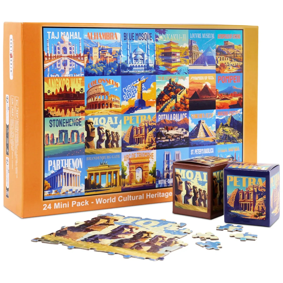 rokt&razo Travel Series, 24 Mini Pack 1000 Pieces Jigsaw Puzzle, 8 Puzzle Stickers, 3 Themes: National Parks, World Heritage, Global City Tour