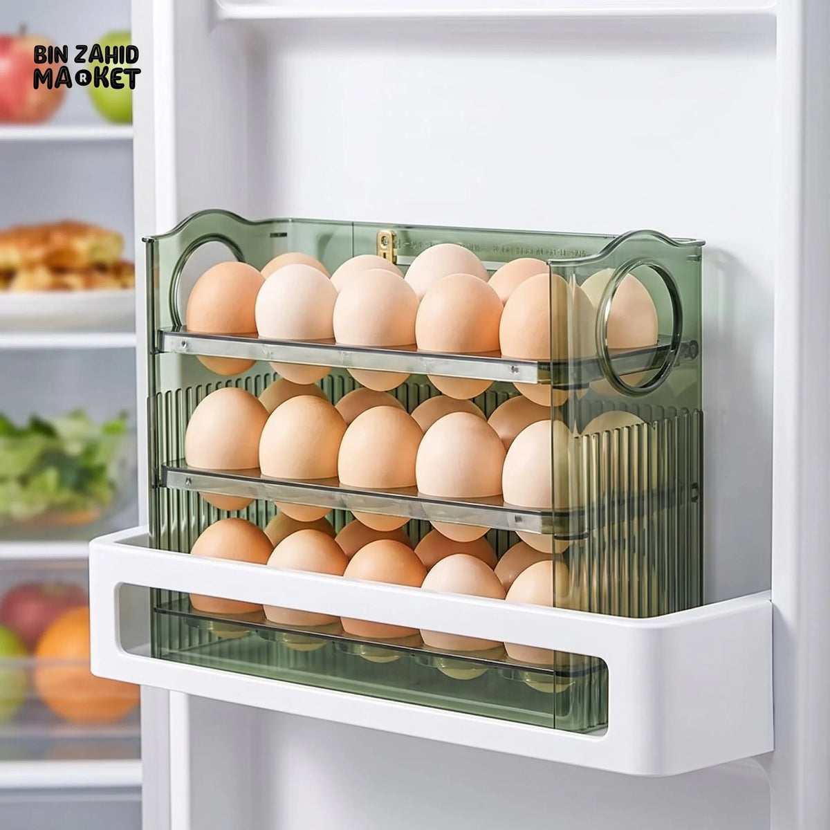 🥚 30-Egg Fridge Keeper – Clear Stackable Storage Tray with Protective Lid, Green