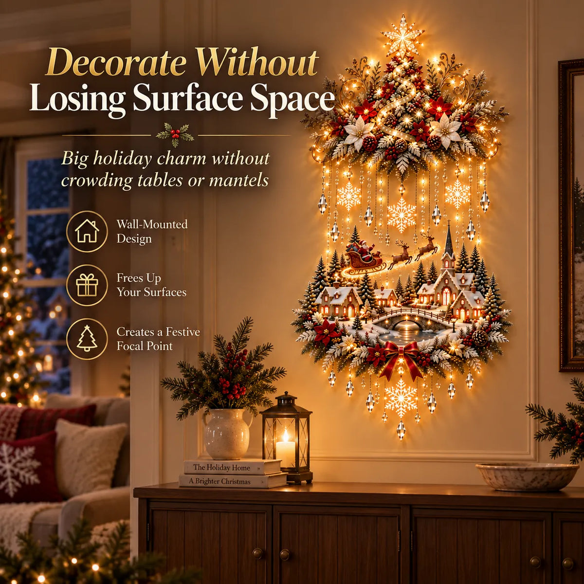 🎄 Enchanted Christmas Village Wall Decor with Cascading Warm Lights ✨ Cozy Holiday Tree Display for Living Rooms, Entryways & Staircases