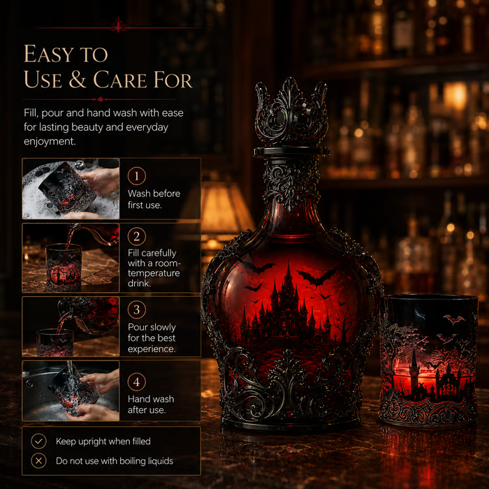 🦇 Gothic Vampire Castle Whiskey Decanter and Tumbler Set, Dark Barware Gift for Horror Lovers 🍷