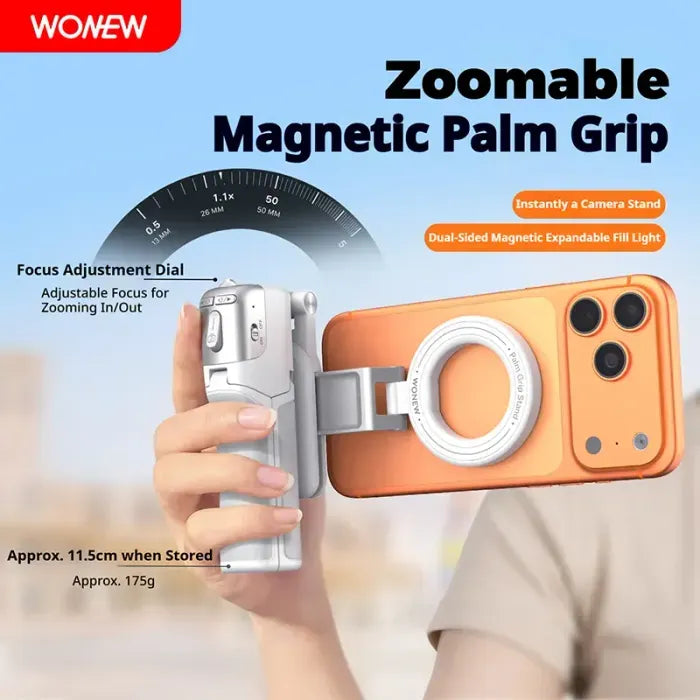 📸  Z3 Magnetic Selfie Stick Tripod – Zoomable Mini Palm Grip with Focus Adjustment Dial, 360° Rotation Stand, Bluetooth Remote & Universal MagSafe Phone Mount for Travel & Vlogging