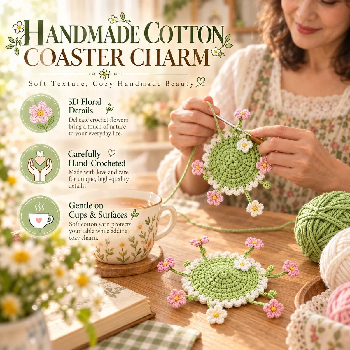 🌸 Handmade Floral Coaster – Charming Flower-Inspired Table Decor