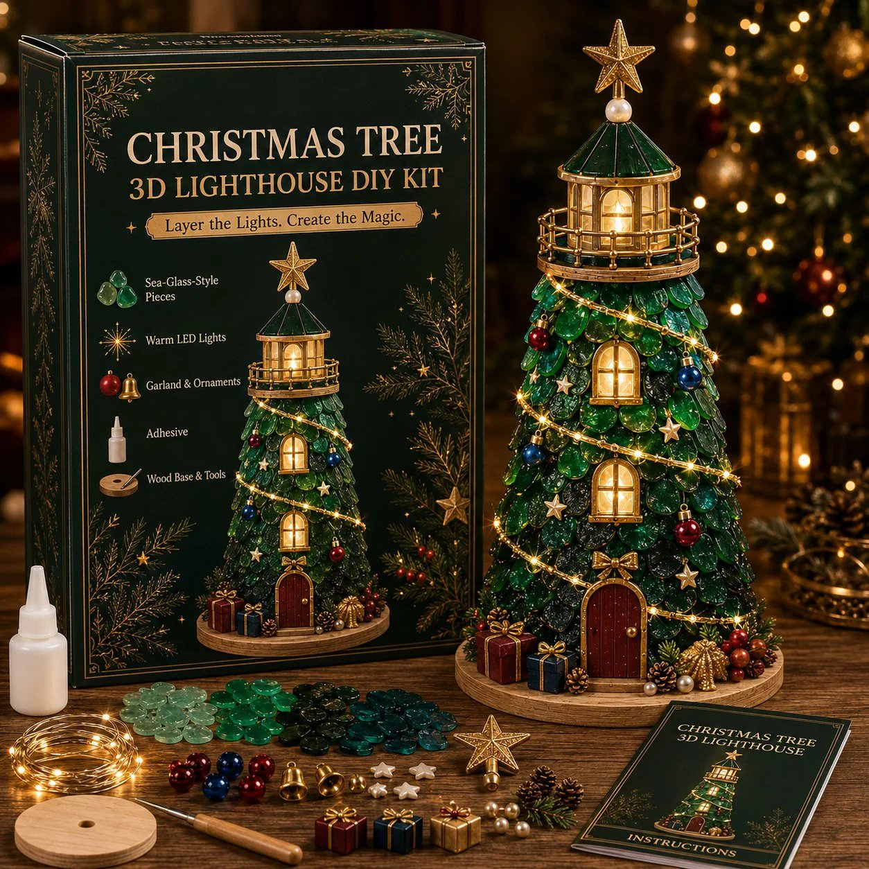 🎄Beginner-Friendly DIY Lighted Christmas Character Sea Glass-Style Lighthouse Kit Collection | Complete Kit with Sea Glass-Style Pieces, LED Lights & Step-by-Step Guide Included 💕