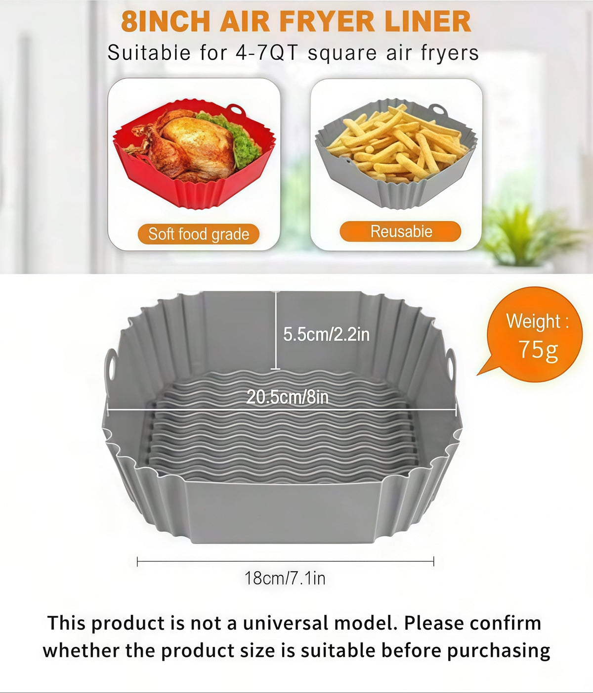 Reusable Air Fryer Silicone Liner 🍟 – 8" Nonstick Cooking Basket Insert