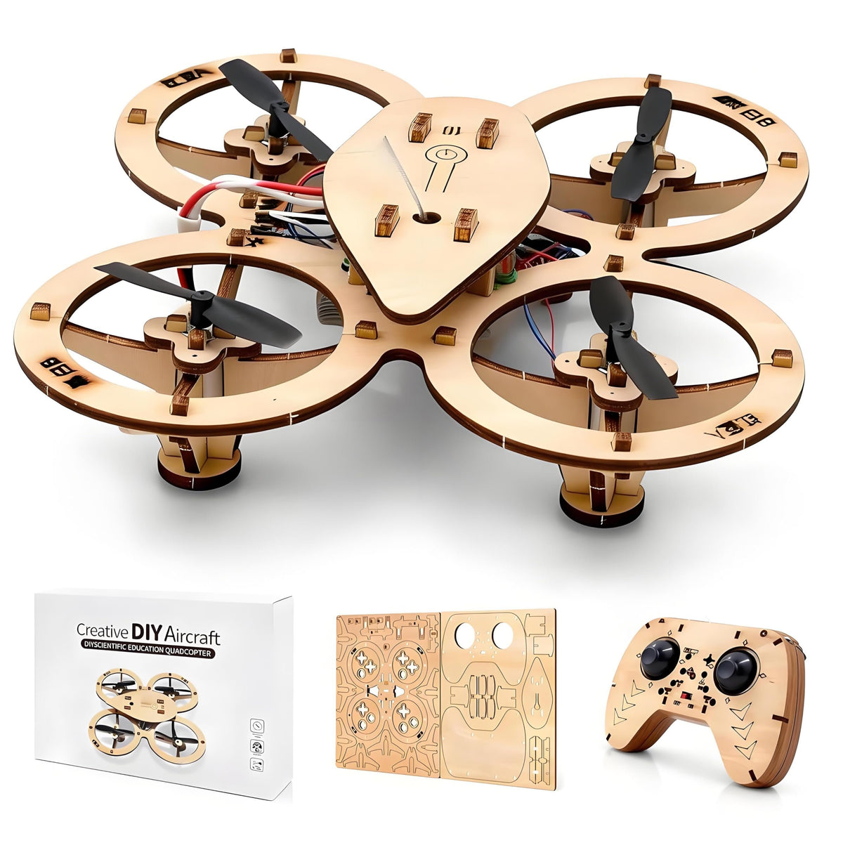 💯🔥Top Gift 2026 🎁 DIY Wooden Drone Assembly Kit, 2.4GHz RC Quadcopter with 360° Flip, Emergency Stop & Beginner Friendly Controls, STEM Building Toy for Teens & Adults