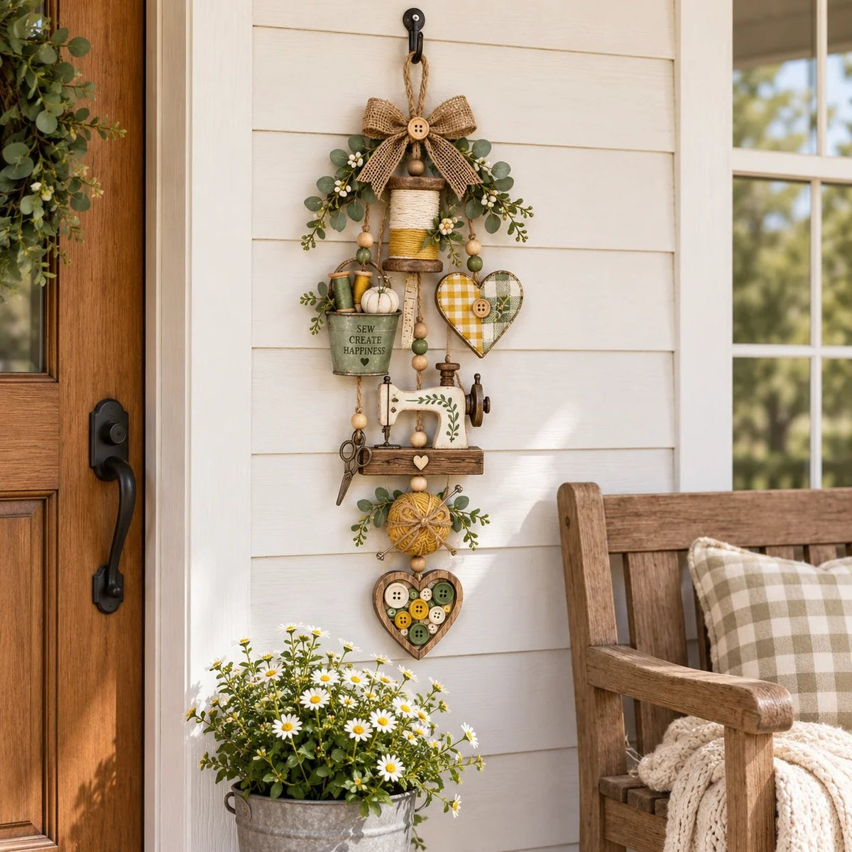 ✨🧵 Rustic Wooden Sewing - Themed Hanging Ornament with Remote Control Fairy Lights