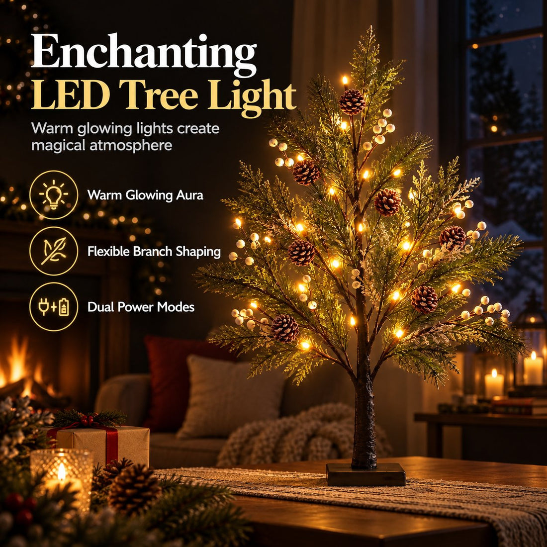 Warm glowing artificial pine tree lamp with pinecones and white berries on a tabletop