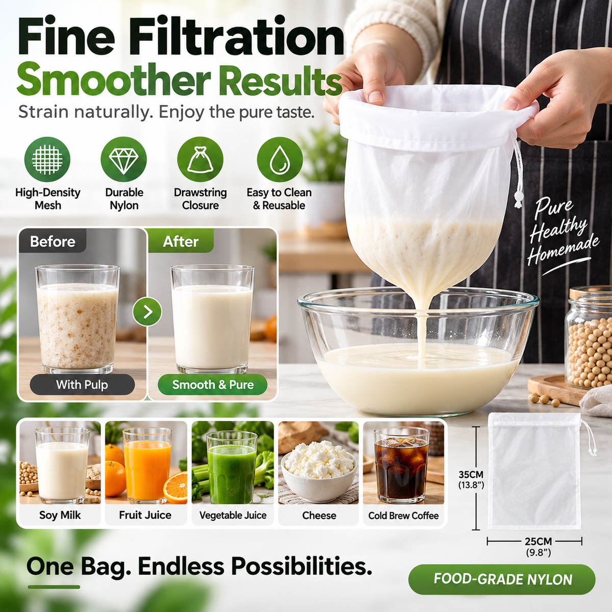 🔥 10,000+ Sold | Reusable Ultra-Fine Mesh Straining Bag with Secure Drawstring ✅
