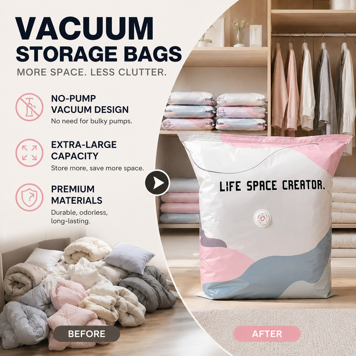 📦 Pump-Free Vacuum Storage Bags – Space-Saving Storage for Home