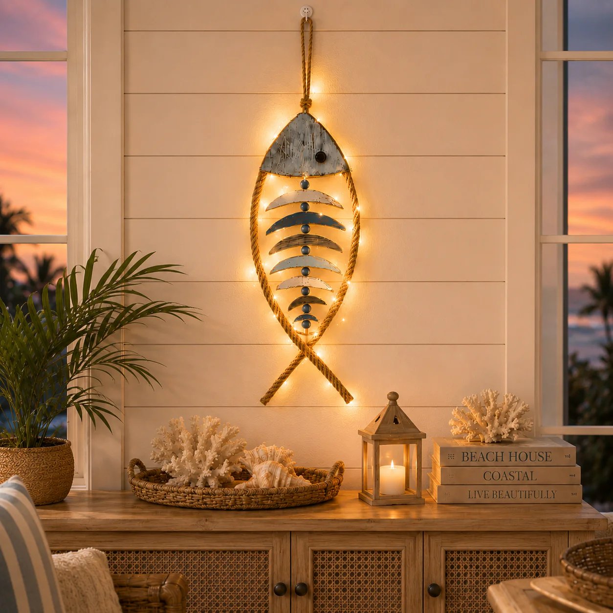🐟✨ Lighted Coastal Rope Fish Wall Hanging