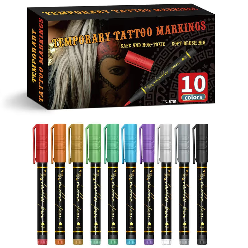 🎨✨ Vibrant 10-Piece Temporary Tattoo Pens for Creative Skin Art & Custom Designs 🌈