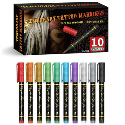 🎨✨ Vibrant 10-Piece Temporary Tattoo Pens for Creative Skin Art & Custom Designs 🌈