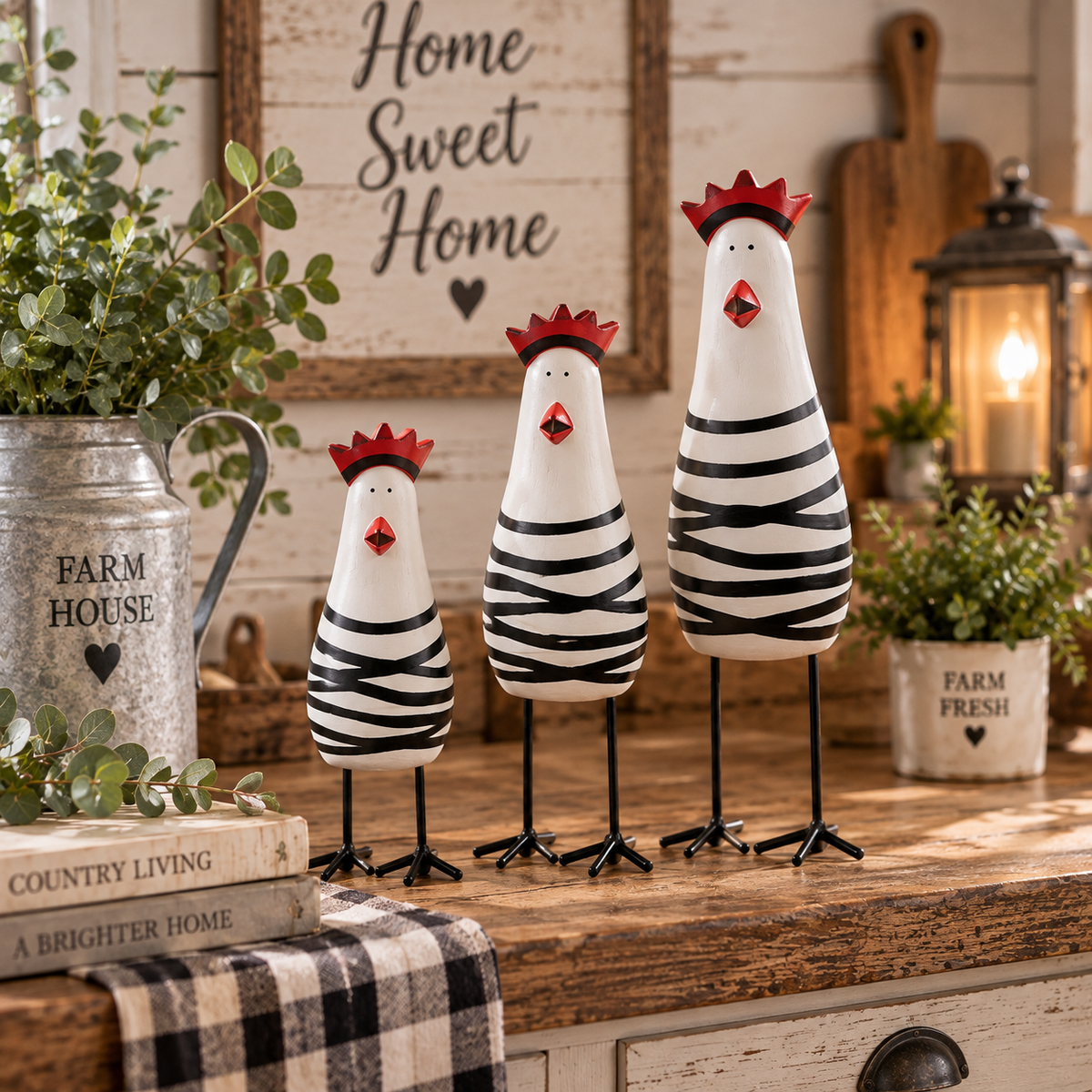 🐔 Quirky Wooden Chicken Figurine Set – Funny Farmhouse Home Decor