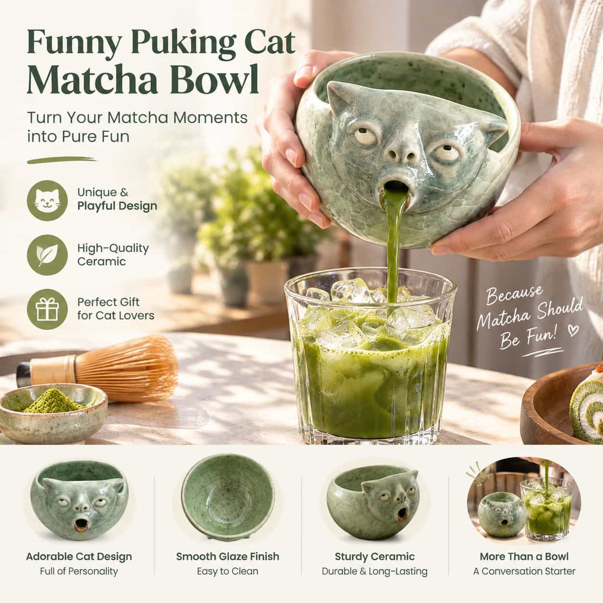 🐈 Funny Puking Cat Matcha Bowl – Quirky Tea Accessory