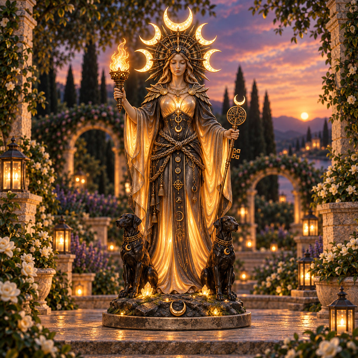 🌙 Light-Up Hecate Altar Statue – Triple Moon Guardian with Twin Hounds, Sacred Torch & Key 🔥