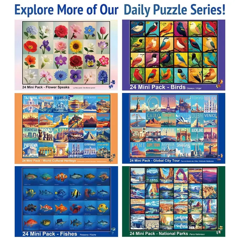 rokt&razo Travel Series, 24 Mini Pack 1000 Pieces Jigsaw Puzzle, 8 Puzzle Stickers, 3 Themes: National Parks, World Heritage, Global City Tour