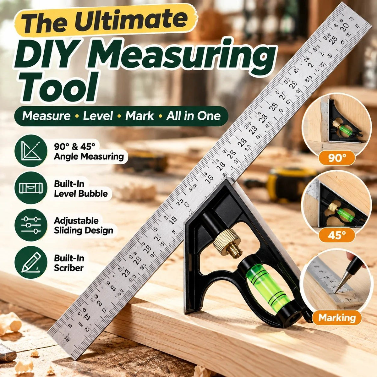 300mm Precision Combination Square 📐 – Adjustable Woodworking Tool with Level & Scriber