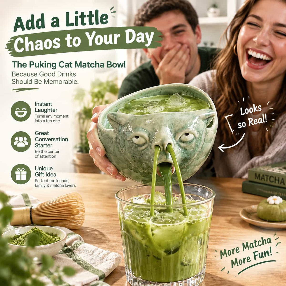 🐈 Funny Puking Cat Matcha Bowl – Quirky Tea Accessory