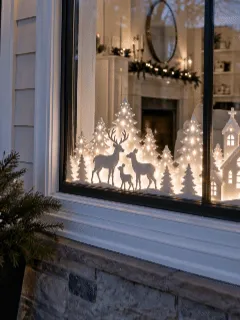 🎄 Lighted Christmas Deer & Village Window Decor – Festive Glow