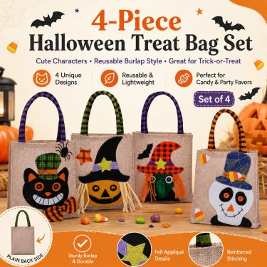 Whimsical Halloween Trick-or-Treat Bags, Set of 4