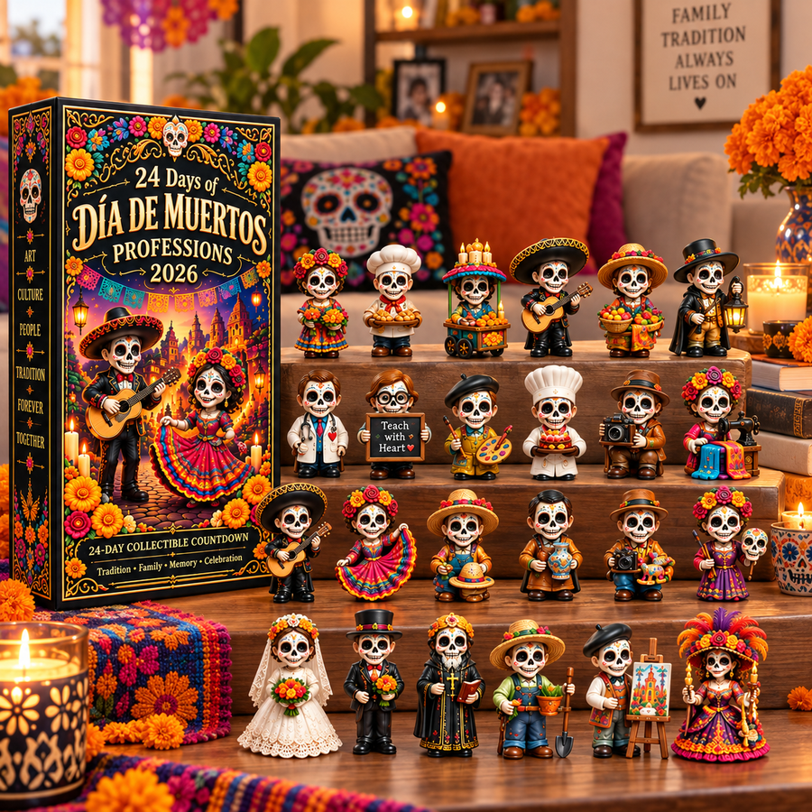 Día de Muertos miniatures arranged as a display