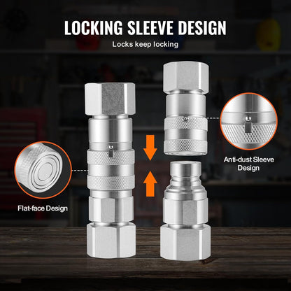 💯VEVOR 1/2" Flat Face Hydraulic Couplers, 1/2" NPT Skid Steer Hydraulic Quick Connect Couplers with 2 Dust Caps (ISO16028)