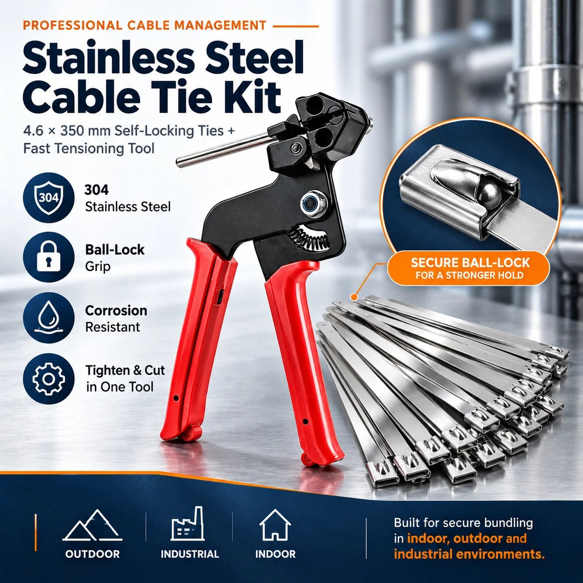 🛠️ 100-Pack 304 Stainless Steel Cable Ties – Tensioning Tool Included