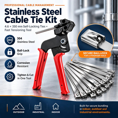 🛠️ 100-Pack 304 Stainless Steel Cable Ties – Tensioning Tool Included