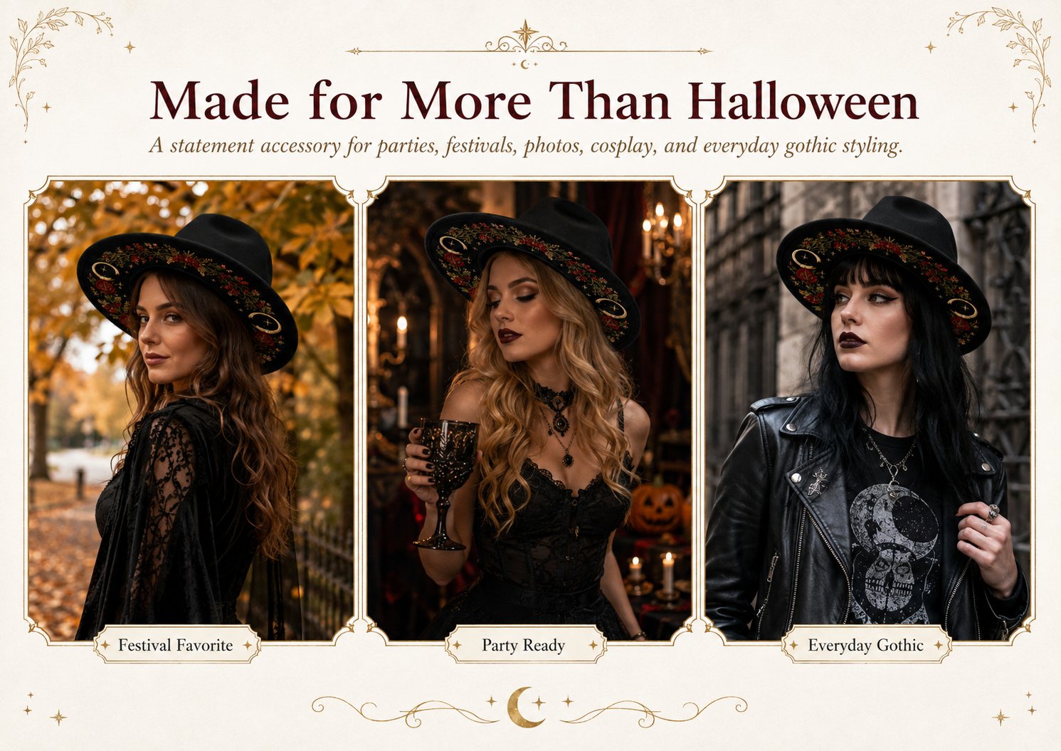 🖤 Gothic Embroidered Wide Brim Fedora Hat | Black Felt Design with Detailed Underside Embroidery in 7 Witchy, Celestial & Halloween Styles 🌙