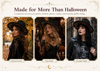 🖤 Gothic Embroidered Wide Brim Fedora Hat | Black Felt Design with Detailed Underside Embroidery in 7 Witchy, Celestial & Halloween Styles 🌙