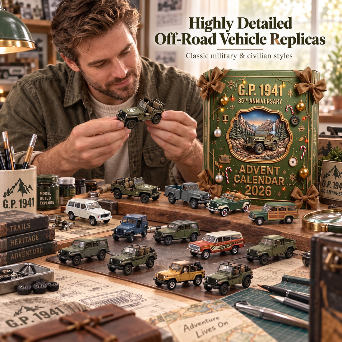 Collector examining a mini vehicle with a varied off-road model lineup on the table