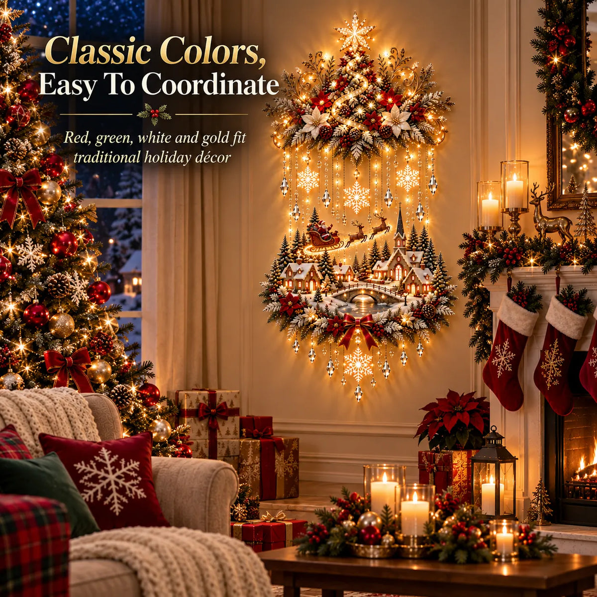 🎄 Enchanted Christmas Village Wall Decor with Cascading Warm Lights ✨ Cozy Holiday Tree Display for Living Rooms, Entryways & Staircases