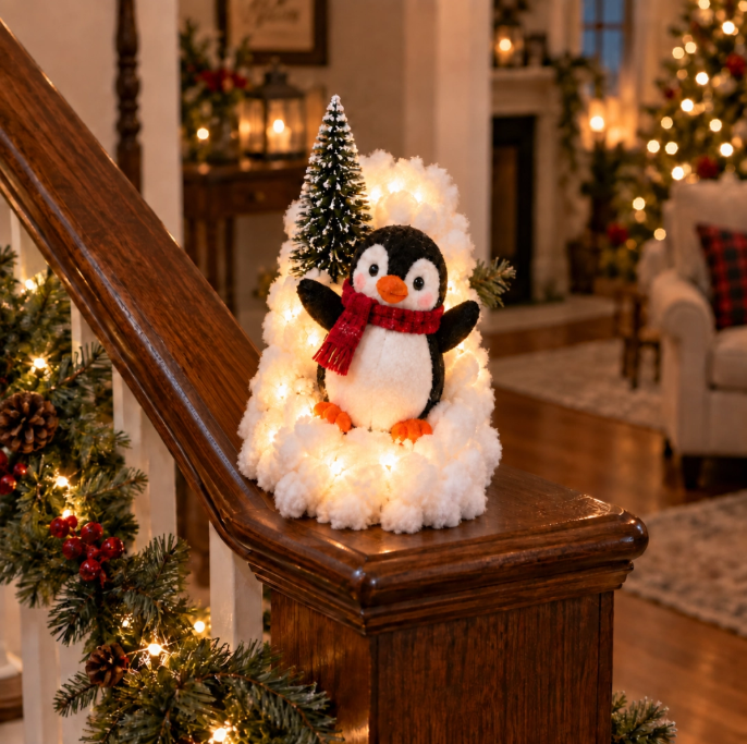 🐧 Penguin Christmas Stair Decor –❄️ Cozy Snowy Holiday Accent for Your Home