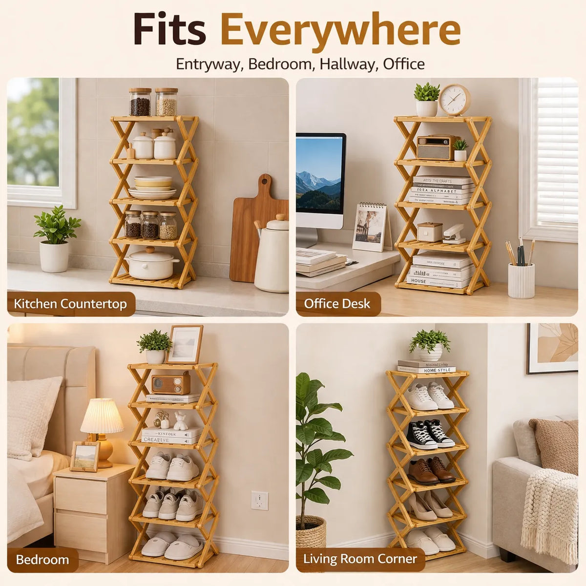 🌿 3-Tier Folding Bamboo Shoe Organizer in Natural Wood | Ready to Use, No Assembly Needed