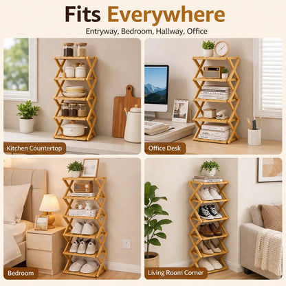 🌿 3-Tier Folding Bamboo Shoe Organizer in Natural Wood | Ready to Use, No Assembly Needed