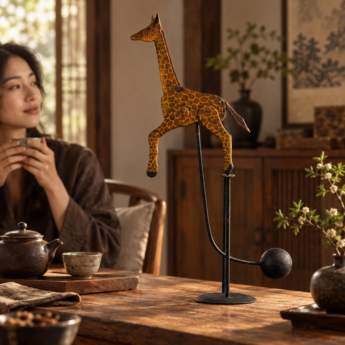 Handcrafted Balancing Giraffe Kinetic Desk Sculpture Mid-Century Kinetic Art Statue for Office Desktop & Home Table Decor