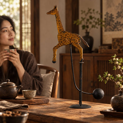 Handcrafted Balancing Giraffe Kinetic Desk Sculpture Mid-Century Kinetic Art Statue for Office Desktop & Home Table Decor