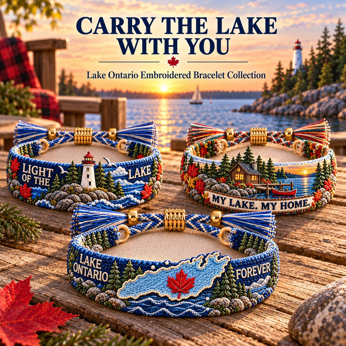 🌊 Lake Ontario Forever Embroidered Bracelet | Scenic Lake Design with Adjustable Woven Band, Meaningful Message & Gift-Ready Keepsake Box 🍁