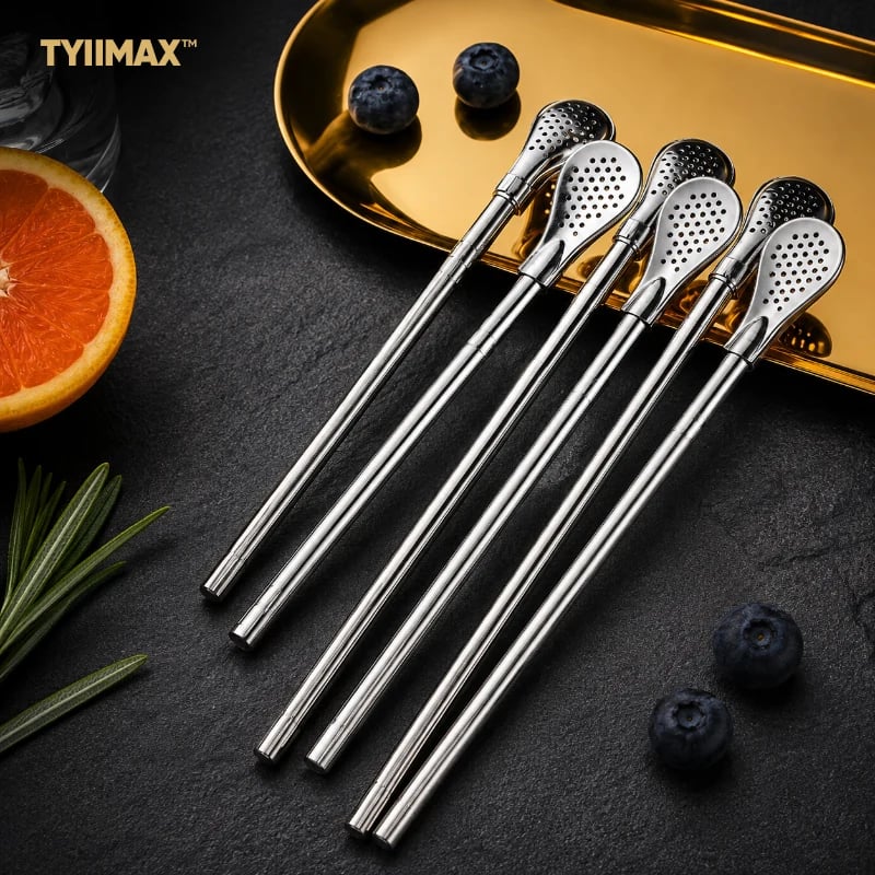 2-in-1 Stainless Steel Straw Spoons 🥄 – 2 Straws & 2 Cleaning Brushes