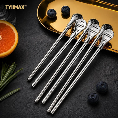 2-in-1 Stainless Steel Straw Spoons 🥄 – 2 Straws & 2 Cleaning Brushes